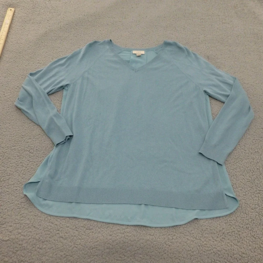 LOFT Sweater Top Womens Large Light Blue Mixed Media V-Neck High Low Back Pleat